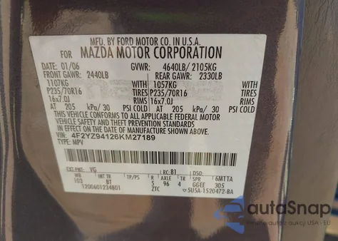 2006 Mazda Tribute S из США, поврежденный, VIN 4F2YZ94126KM27189